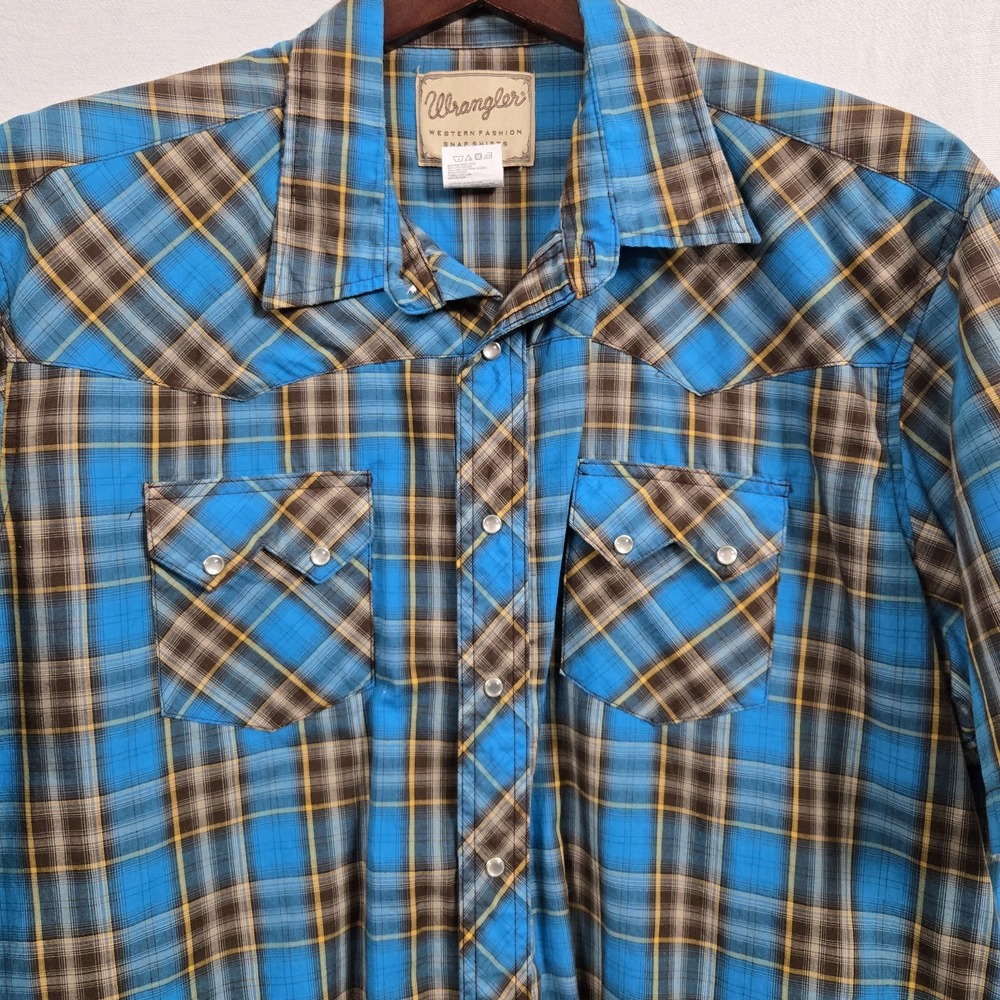 Vtg Wrangler Shirt Mens 2XL Blue Brown Plaid Western Pearl Snap Short Sleeve